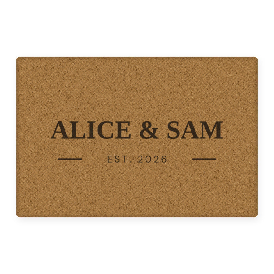 The New Chapter personalised coir doormat, preview of the actual print design with example wording Alice & Sam, Est. 2026