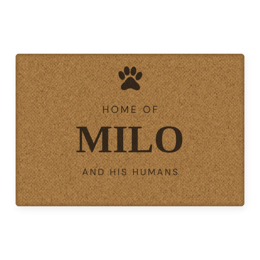 The Dog Lives Here personalised coir doormat, preview of the actual print design with example wording Home of Milo